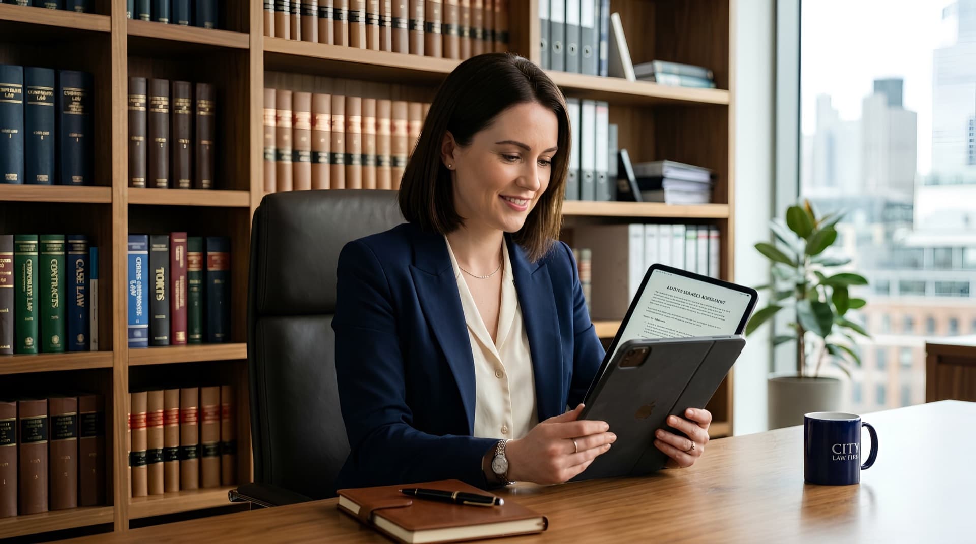 Lawyer conducting AI-powered legal research on a tablet