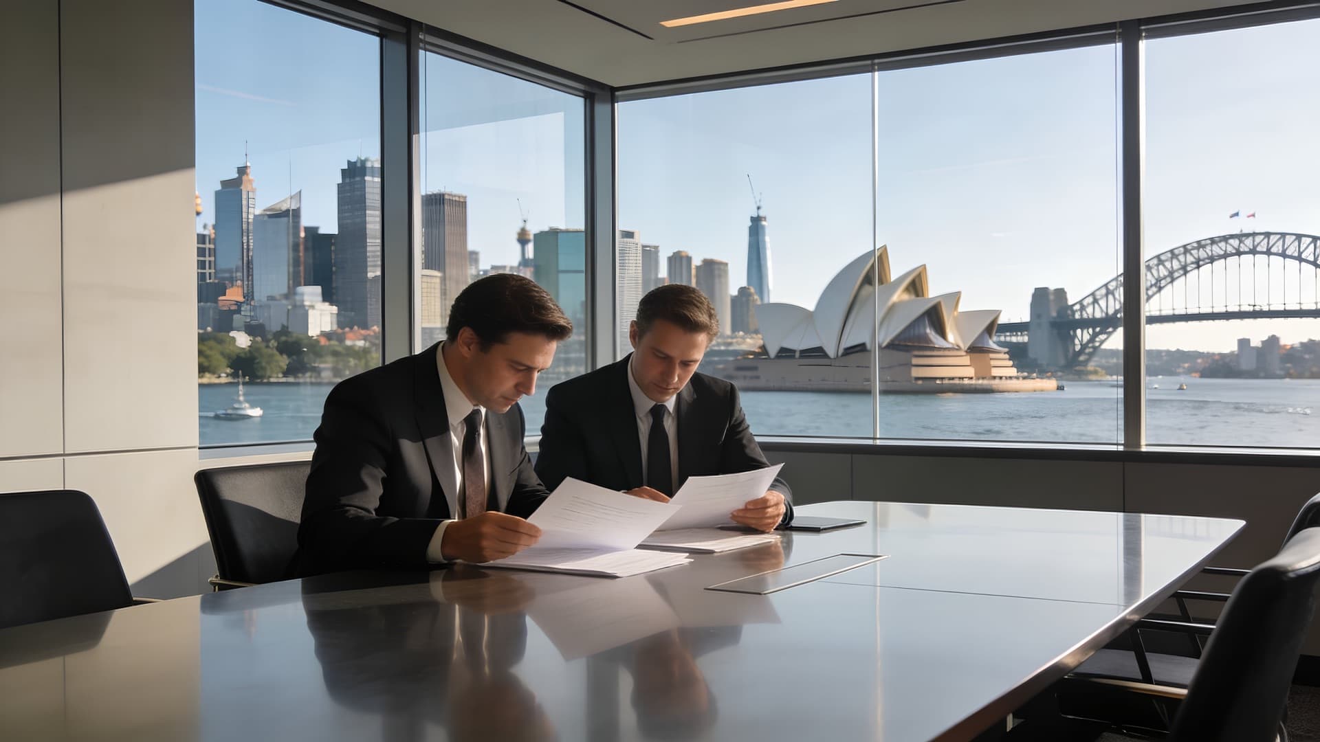 Lawyers reviewing documents with Sydney Harbour Bridge view